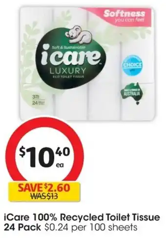 Coles iCare 100% Recycled Toilet Tissue 24 Pack $0.24 per 100 sheets offer