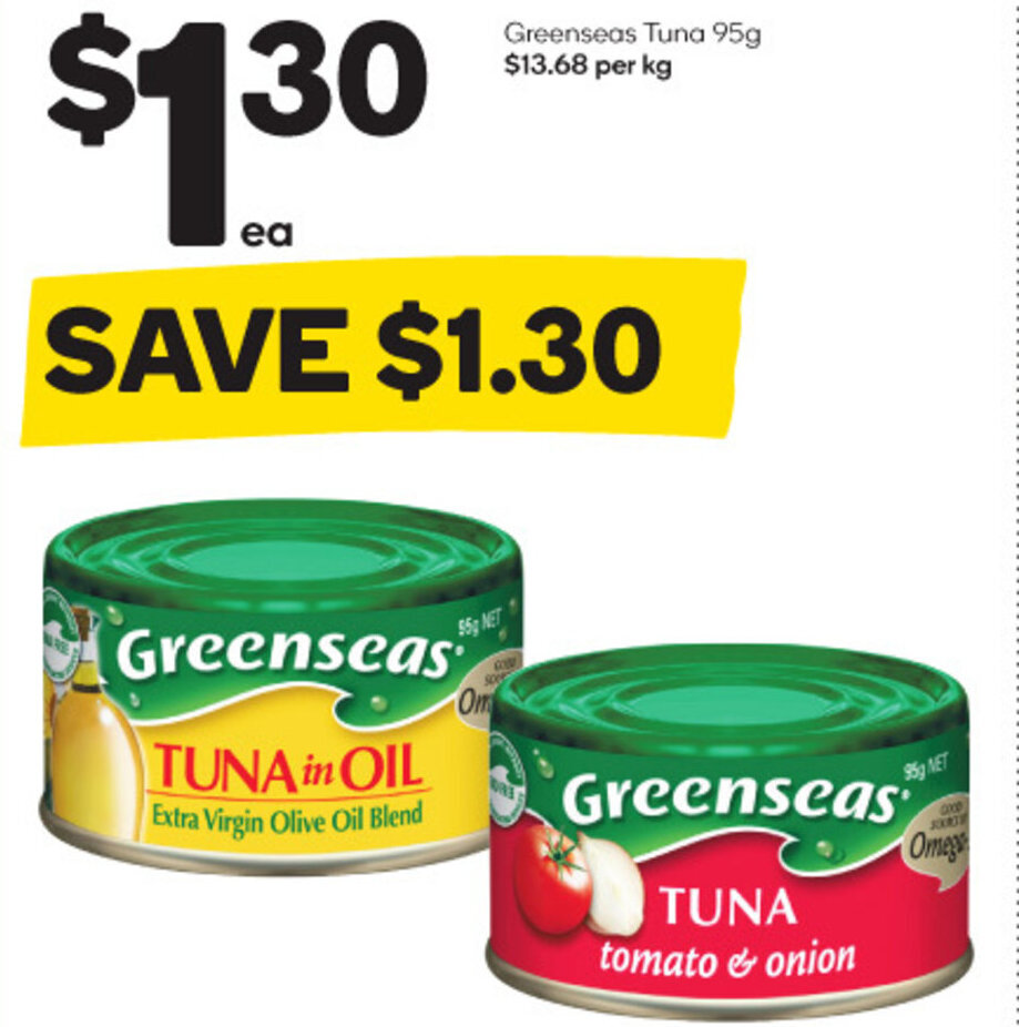 Greenseas Tuna 95g 13.68 per kg offer at Woolworths
