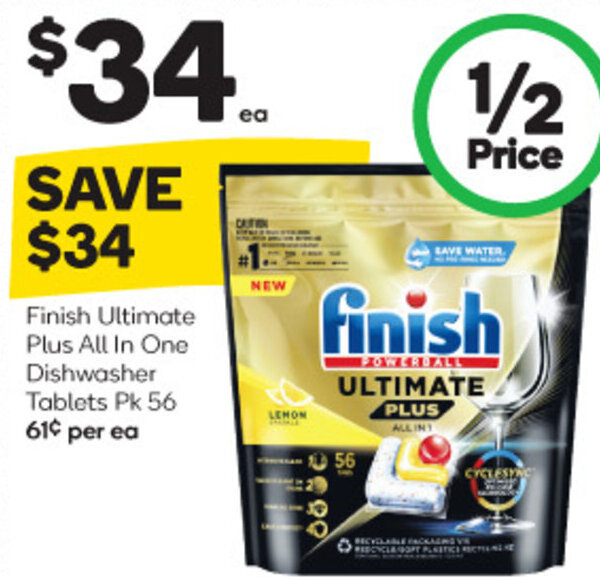 Finish Ultimate Plus All In One Dishwasher Tablets Pk 56 61¢ per ea