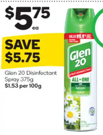 Woolworths Glen 20 Disinfectant Spray 375g $1.53 per 100g offer
