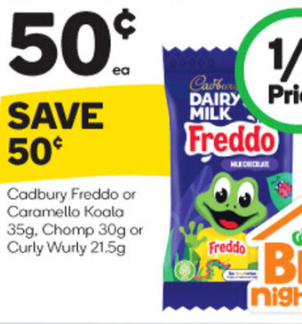 Woolworths Cadbury Freddo or Caramello Koala 35g, Chomp 30g or Curly Wurly 21.5g offer