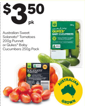 Woolworths Australian Sweet Solanato Tomatoes 200g Punnet or Qukes* Baby Cucumbers 250g Pack offer