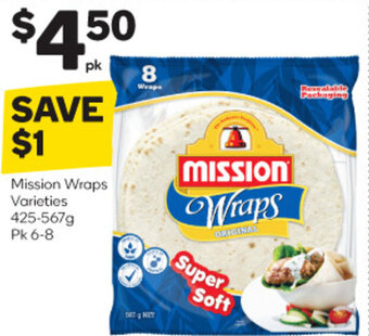 Woolworths Mission Wraps Varieties 425-567g Pk 6-8 offer