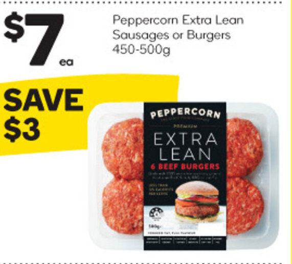 Peppercorn Extra Lean Sausages or Burgers 450500g offer at Woolworths
