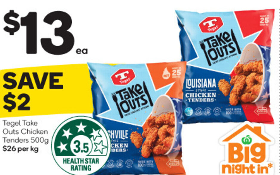 Tegel Take Outs Chicken Tenders 500g 26 per kg offer at Woolworths