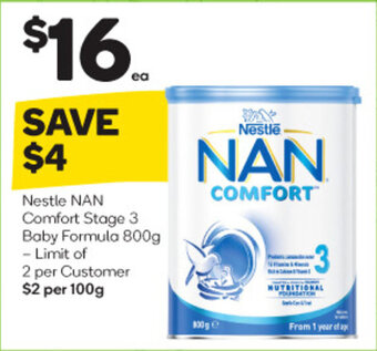 Woolworths Nestle NAN Comfort Stage 3 Baby Formula 800g - Limit of 2 per Customer offer