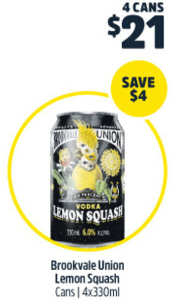 Woolworths Brookvale Union Lemon Squash Cans | 4x330ml offer