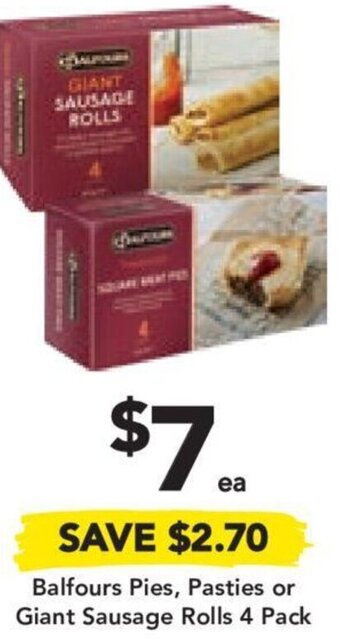 Drakes Balfours Pies, Pasties or Giant Sausage Rolls 4 Pack offer