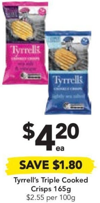 Drakes Tyrrell's Triple Cooked Crisps 165g $2.55 per 100g offer