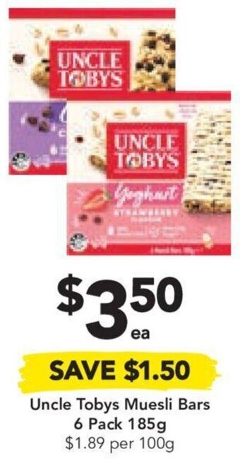 Drakes Uncle Tobys Muesli Bars 6 Pack 185g $1.89 per 100g offer