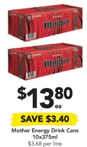 Drakes Mother Energy Drink Cans 10x375ml $3.68 per litre offer