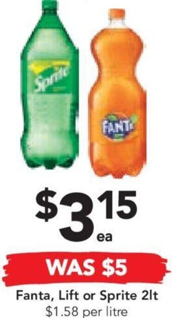 Fanta, Lift or Sprite 2lt $1.58 per litre