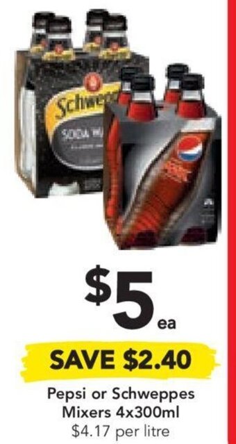 Drakes Pepsi or Schweppes Mixers 4x300ml $4.17 per litre offer