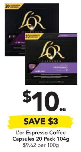 Drakes L'or Espresso Coffee Capsules 20 Pack 104g $9.62 per 100g offer