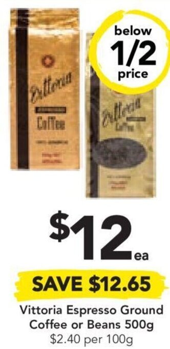 Drakes Vittoria Espresso Ground Coffee or Beans 500g $2.40 per 100g offer