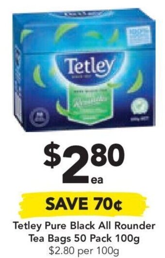 Drakes Tetley Pure Black All Rounder Tea Bags 50 Pack 100g $2.80 per 100g offer