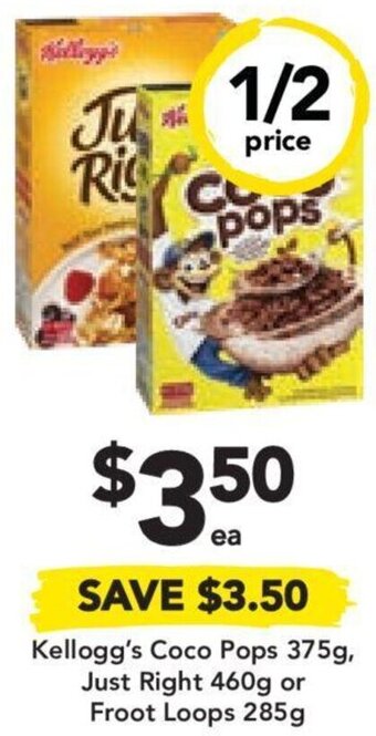 Drakes Kellogg's Coco Pops 375g, Just Right 460g or Froot Loops 285g offer
