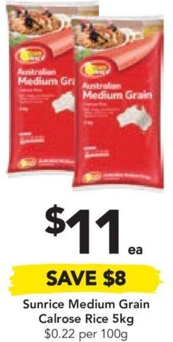 Drakes Sunrice Medium Grain Calrose Rice 5kg $0.22 per 100g offer