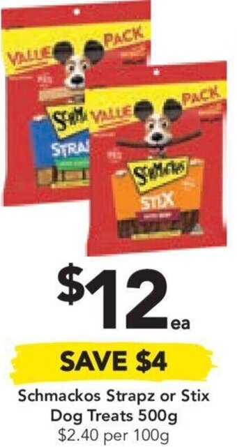 Drakes Schmackos Strapz or Stix Dog Treats 500g $2.40 per 100g offer