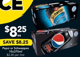 Drakes Pepsi or Schweppes 10x375ml $2.20 per litre offer