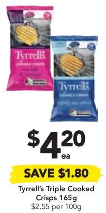 Drakes Tyrrell's Triple Cooked Crisps 165g $2.55 per 100g offer