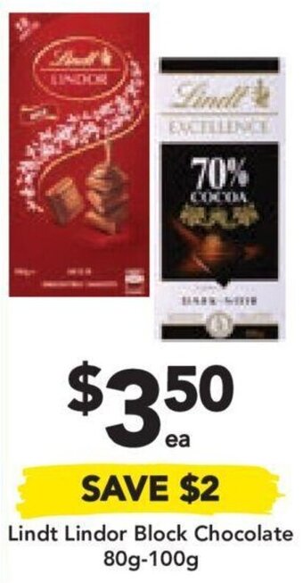 Drakes Lindt Lindor Block Chocolate 80g-100g offer