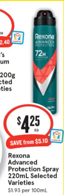 IGA Rexona Advanced Protection Spray 220mL Selected Varieties $1.93 per 100mL offer