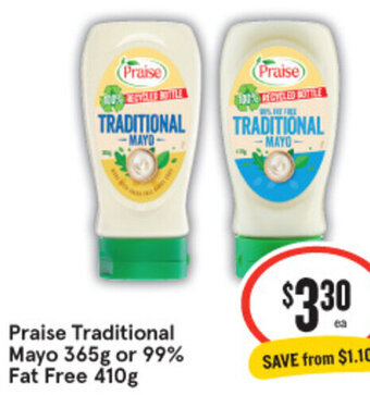 IGA Praise Traditional Mayo 365g or 99% Fat Free 410g offer
