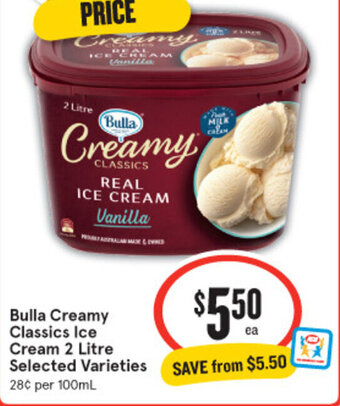IGA Bulla Creamy Classics Ice Cream 2 Litre offer