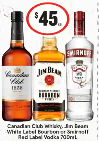 IGA Canadian Club Whisky, Jim Beam White Label Bourbon or Smirnoff Red Label Vodka 700mL offer
