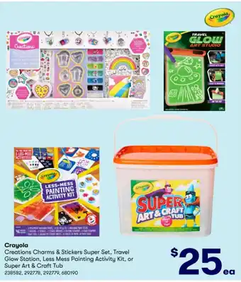 BIG W Crayola Creations Charms & Stickers Super Set, Travel Glow Station, Less Mess Painting Activity Kit, or Super Art & Craft Tub offer