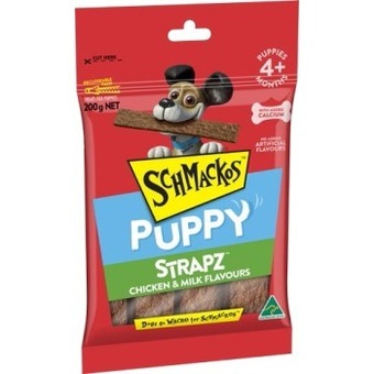 BIG W Schmackos strapz puppy chicken & milk flavour 200g offer