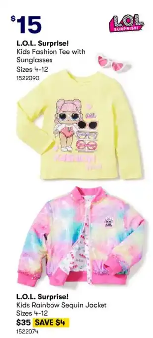 BIG W L.O.L. Surprise! Kids Fashion Tee with Sunglasses Sizes 4-12 Kids Rainbow Sequin Jacket Sizes 4-12 offer