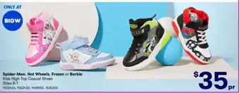 BIG W Spider-Man, Hot Wheels, Frozen or Barbie Kids High Top Casual Shoes Sizes 8-1 offer