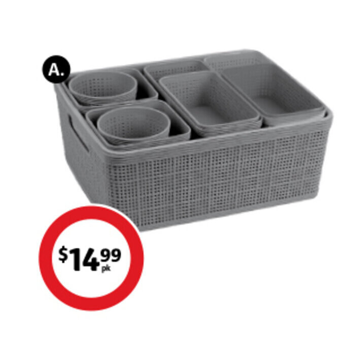 A. 10 Piece Storage Basket Set Matching wovenlook baskets in various shapes and sizes. offer at