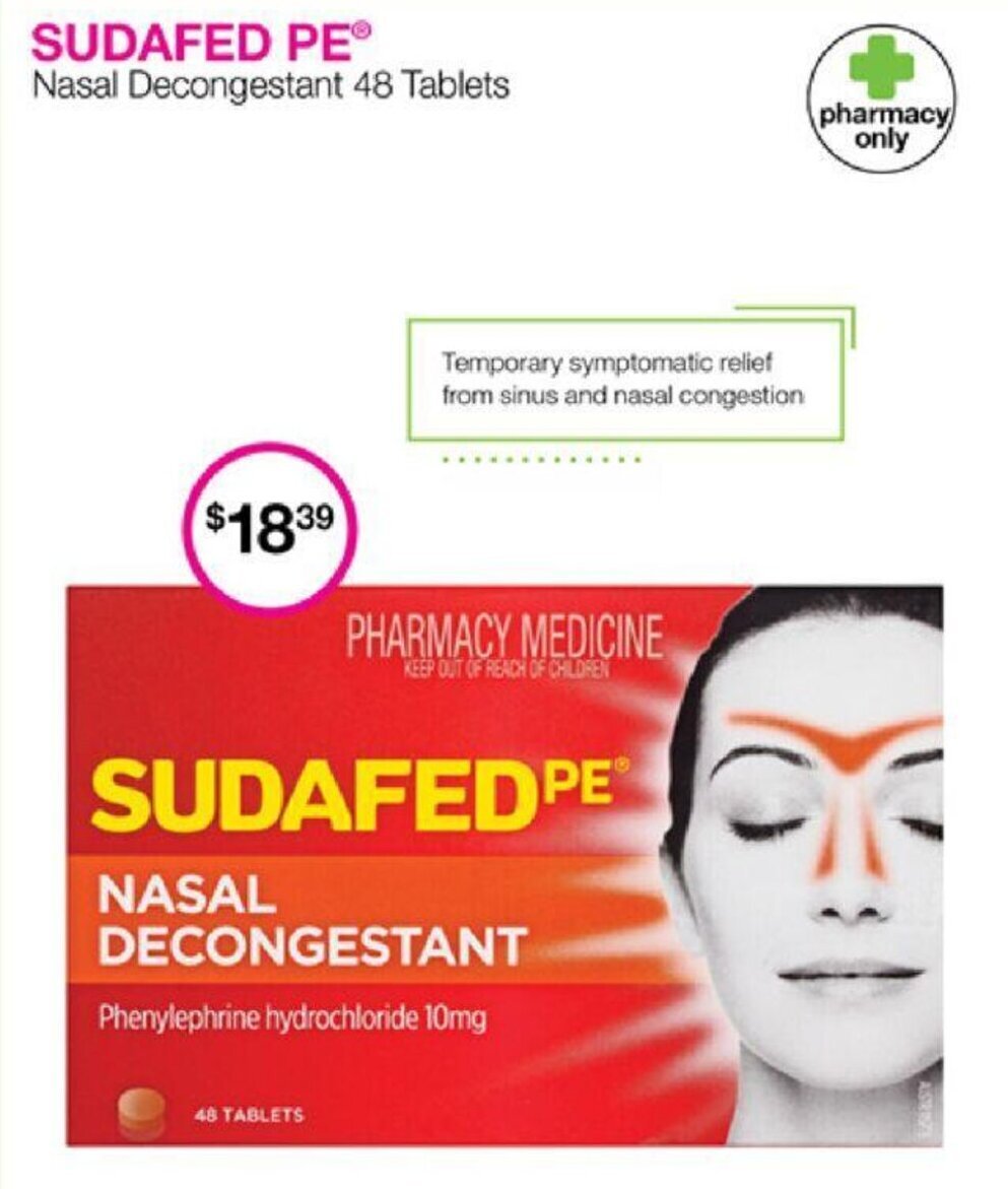 SUDAFED PEⓇ Nasal Decongestant 48 Tablets offer at Priceline