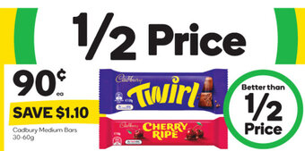 Woolworths Cadbury Medium Bars 30-60g offer