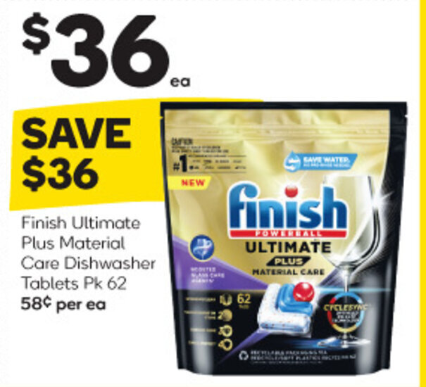 Finish Ultimate Plus Material Care Dishwasher Tablets offer at Woolworths