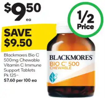 Woolworths Blackmores Bio C 500mg Chewable Vitamin C Immune Support Tablets Pk 125- offer