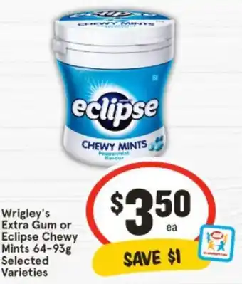 IGA Wrigley's Extra Gum or Eclipse Chewy Mints 64-93g Selected Varieties offer