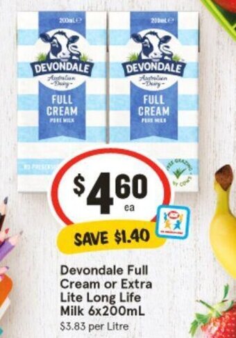 IGA Devondale Full Cream or Extra Lite Long Life Milk 6x200mL offer
