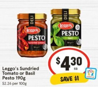 IGA Leggo's Sundried Tomato or Basil Pesto 190g offer