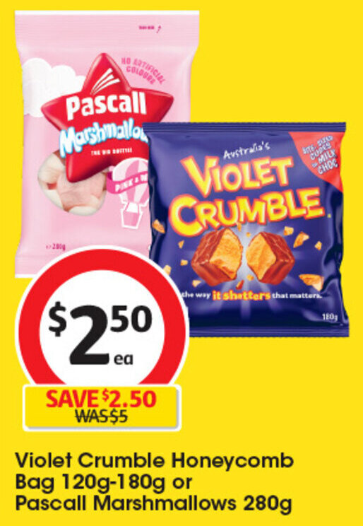 Violet Crumble Honeycomb Bag 120g 180g Or Pascall Marshmallows 280g 