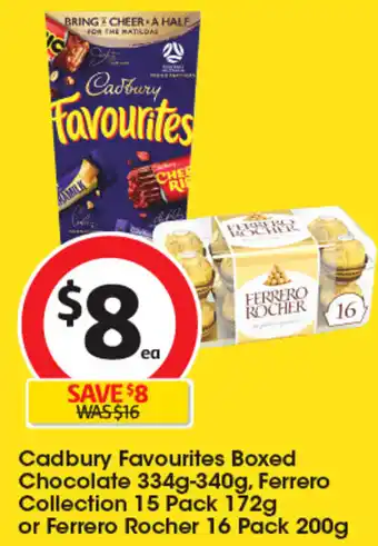 Coles Cadbury Favourites Boxed Chocolate 334g-340g, Ferrero Collection 15 Pack 172g or Ferrero Rocher 16 Pack 200g offer
