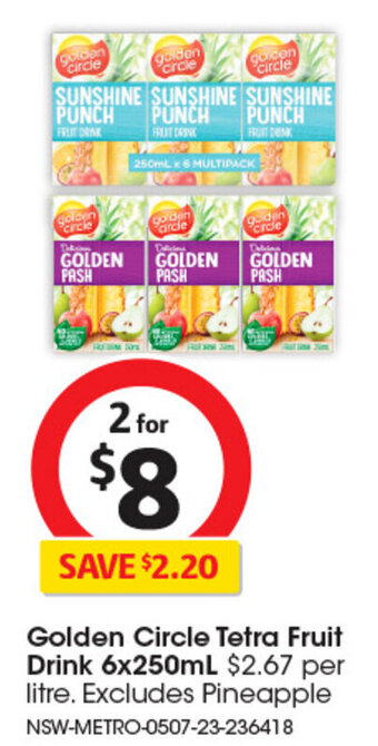 Coles Golden Circle Tetra Fruit Drink 6x250mL offer