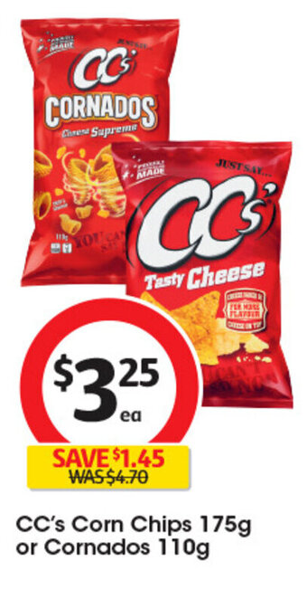 Coles CC's Corn Chips 175g or Cornados 110g offer