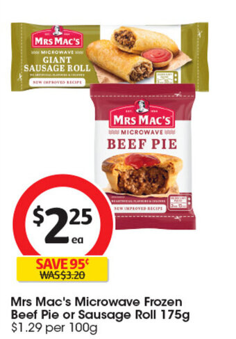 Coles Mrs Mac's Microwave Frozen Beef Pie or Sausage Roll 175g offer