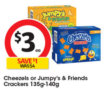 Coles Cheezels or Jumpy's & Friends Crackers 135g-140g offer