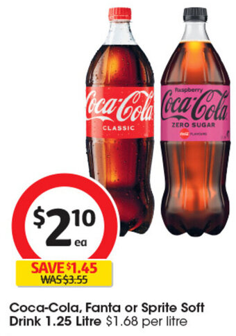 Coles Coca-Cola, Fanta or Sprite Soft Drink 1.25 Litre offer
