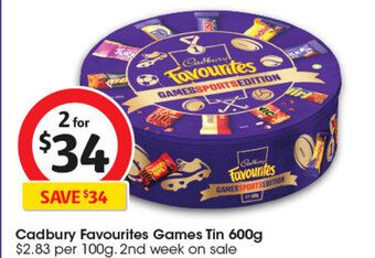 Coles Cadbury Favourites Games Tin 600g offer